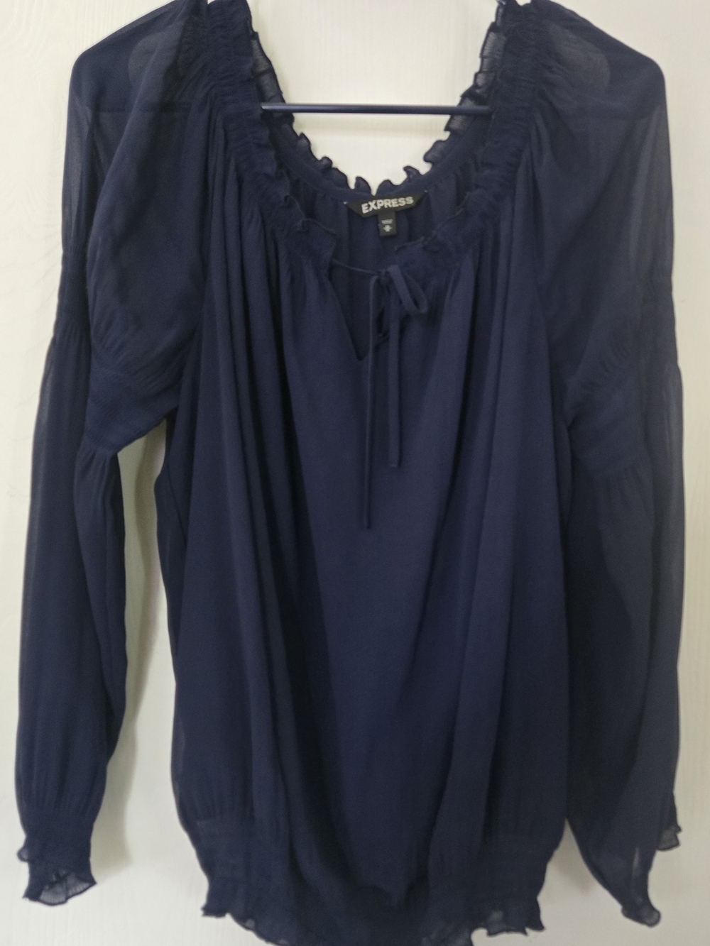 Express Navy Ruffled Tie-Neck Peasant Top
